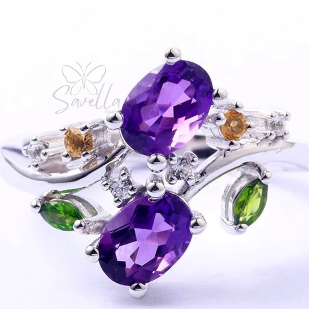2.36 Carat Oval Cut Amethyst Cluster Ring with Citrine, Diamond and Emerald